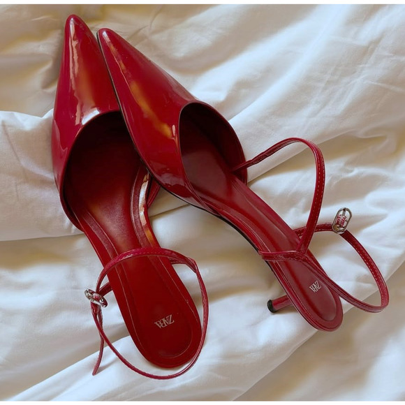 ZARA Red Patent Slingback Heels NWT – Pointed Toe Kitten Heels, Size 7.5 & 8 - Picture 12 of 16